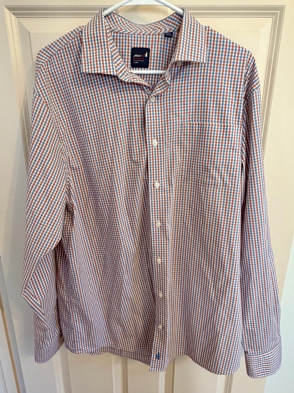 Johnnie-O white , orange, blue gingham button-up shirt in XL